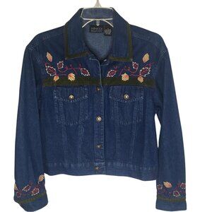 Rebecca Malone Denim Jacket Womens Small Blue Embroidered Leaves Velvet Trim